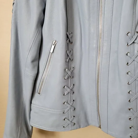 Neiman Marcus Light Blue Leather Lace-Up Moto Leather Jacket - Picture 6 of 16